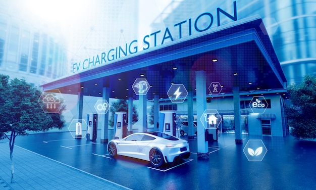 EV-Ladestation für Elektrofahrzeuge in der Innenstadt mit blauer Energie-Kraftstoffbatterie-Ladestation 3D-Darstellung des Konzepts der Kraftstoff- und Transportindustrie