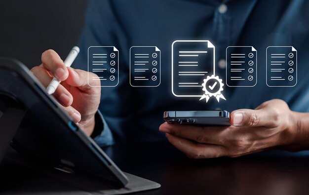 Evaluación para el certificado en el formulario de encuesta en línea Evaluación del cuestionario en el examen de investigación en línea Elegir la respuesta correcta en el examen Rellenar el formulario digital Mejoramiento de la lista de comprobación