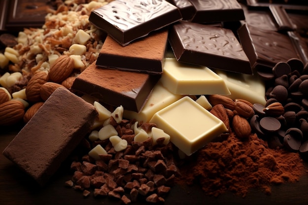 Evaluación de la composición en polvo y barras de chocolate con leche marrón y blanco IA generativa