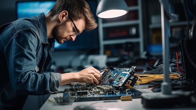 Foto evaluación de precisión un joven ingeniero comprueba un chip de computadora soldado