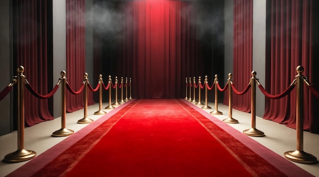 Evento de alfombra roja con barreras de cuerda y cortinas