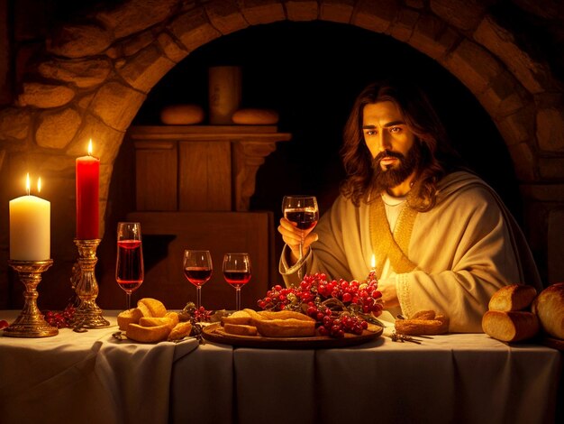 Foto evento clave en la vida de jesucristo jesucristo está sentado en una silla a la luz de las velas