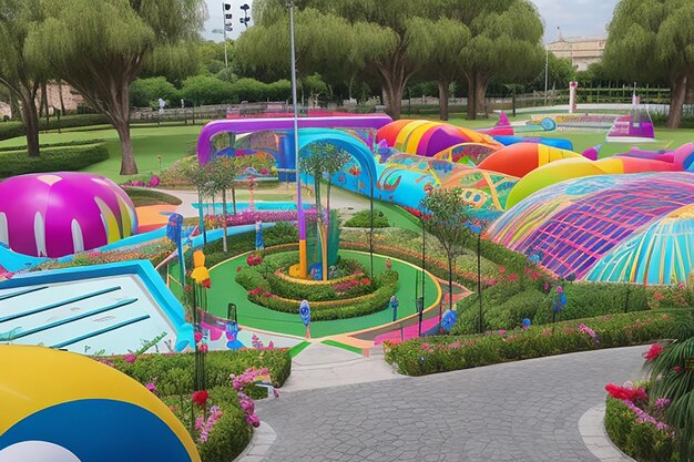 Foto evento conmemorativo sobre o autismo em um parque cheio de decorações com os cores