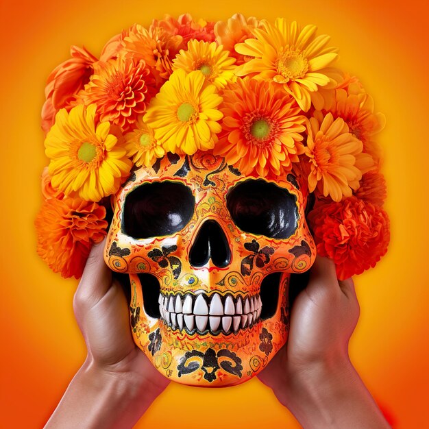 Evento del día de muertos de flor de caléndula de calavera