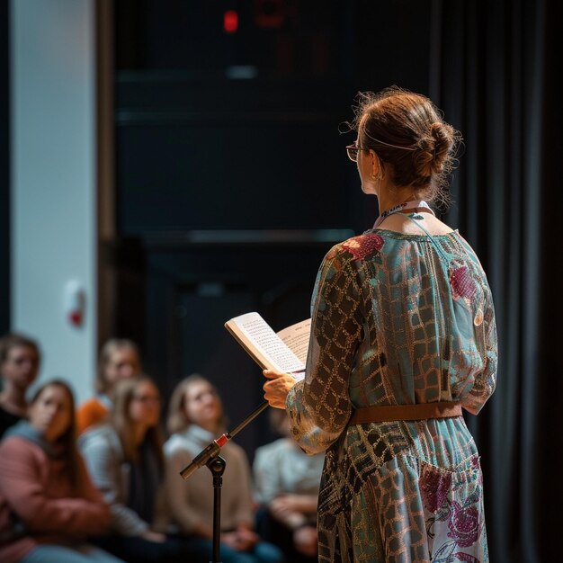 Evento do Festival de Poesia Mulher falando no microfone com um livro