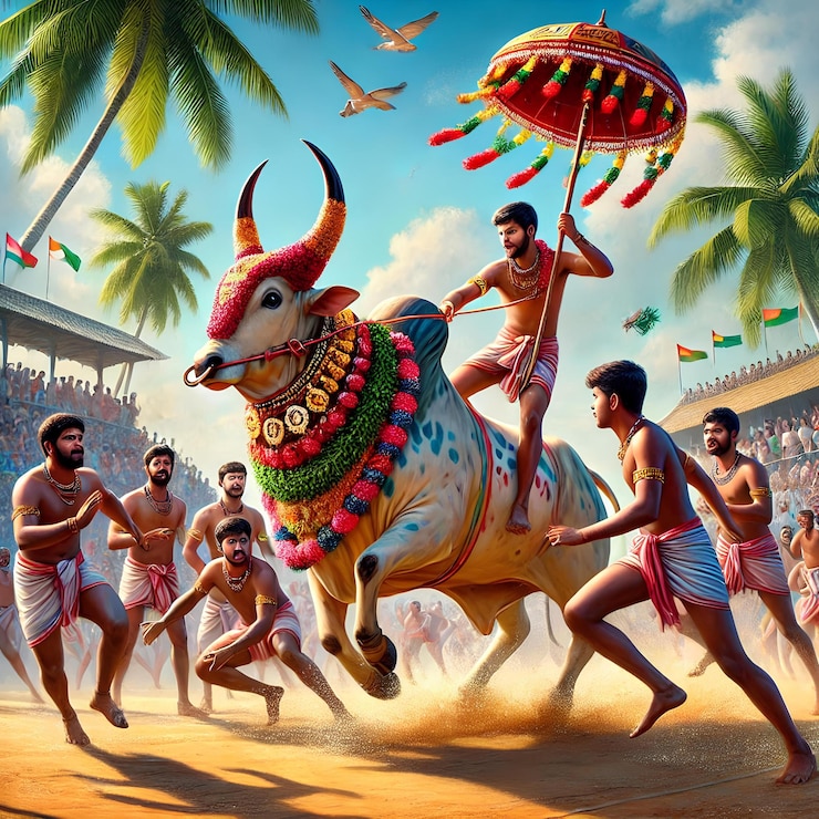 Evento de domesticación de toros en Jallikattu durante el festival del sur de la India