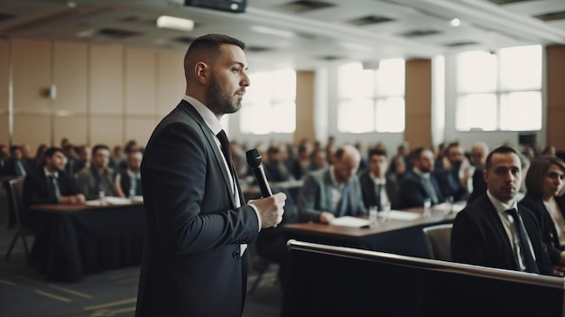 En un evento empresarial, un orador analiza la IA generativa en una sala de conferencias