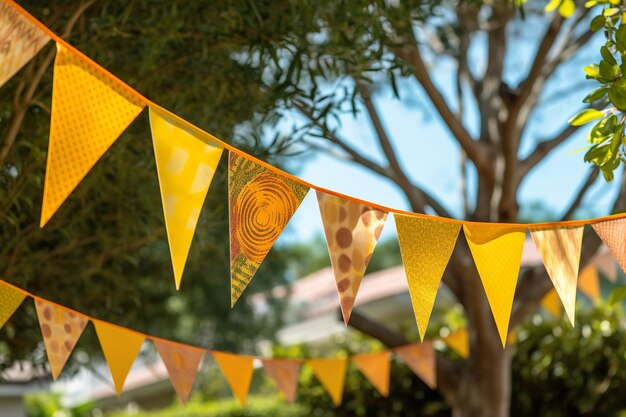 Evento fiesta al aire libre adornada con banderas de tono naranja amarillo marrón y blanco en jardín verde sobre fondo de cielo azul Banderas triangulares coloridas colgando decoradas para celebrar la fiesta de Halloween