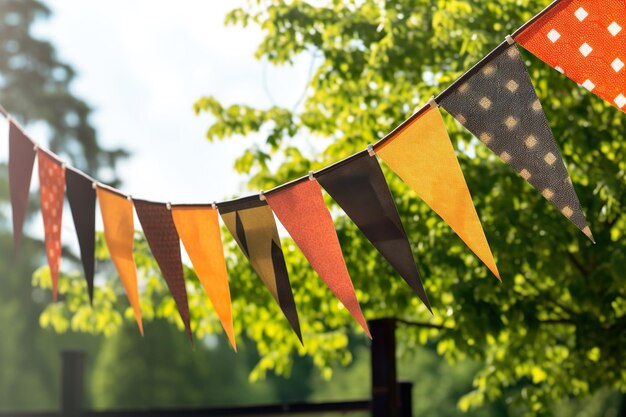 Evento fiesta al aire libre adornada con banderas de tono naranja amarillo marrón y blanco en jardín verde sobre fondo de cielo azul Banderas triangulares coloridas colgando decoradas para celebrar la fiesta de Halloween