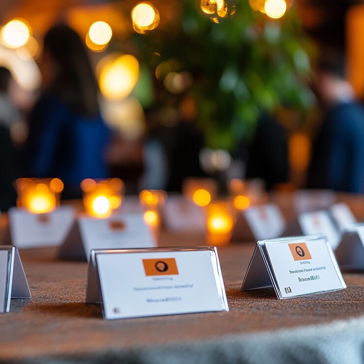 Foto evento de networking con etiquetas de nombre y tarjetas de visita