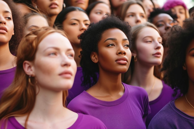 Evento ou protesto do Dia Internacional da Mulher com um grupo diversificado de mulheres vestindo roxo