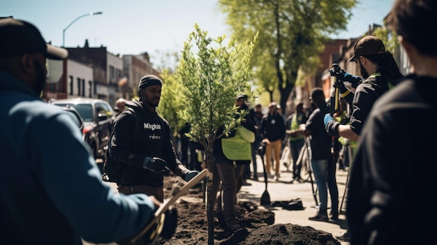 evento de plantación de árboles en un área urbana en el Día de la Tierra