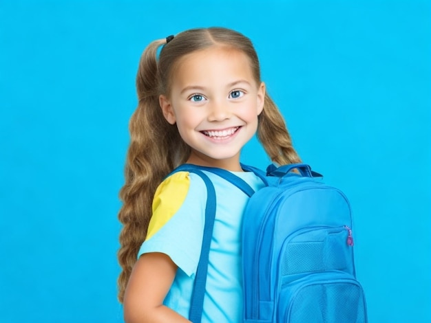 evento de regreso a la escuela con niña sonriente con fondo azul generado ai