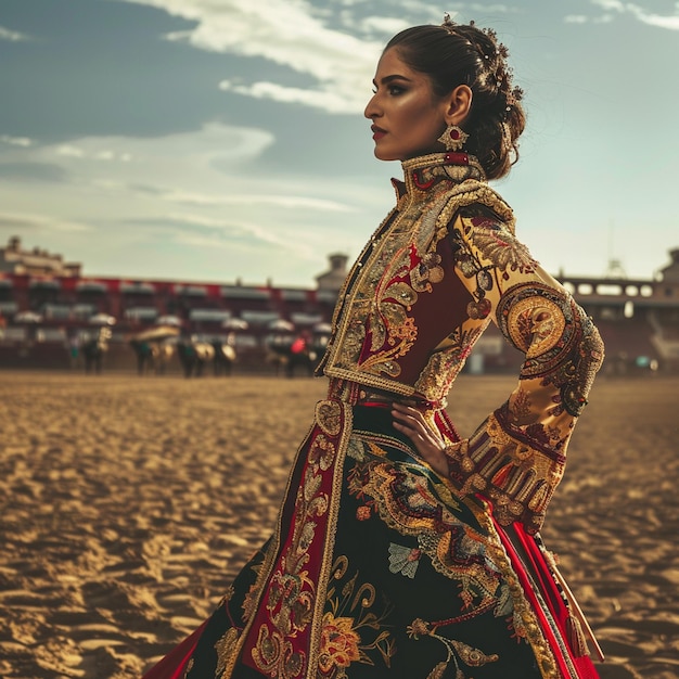 Evento tradicional de corridas de toros en Madrid Mujer con vestido largo en la playa