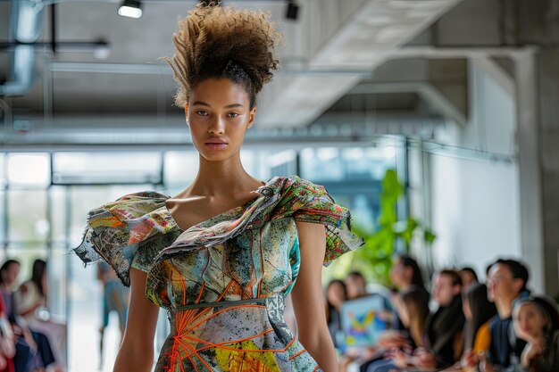 Foto eventos de moda que destacam designers que dão prioridade a materiais sustentáveis e processos de produção éticos, apresentando coleções inspiradas na natureza