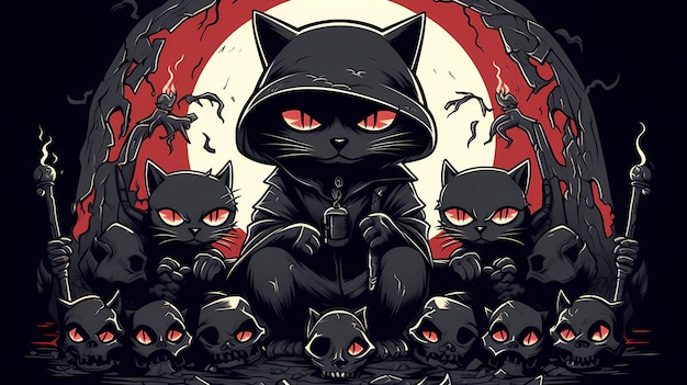 Evil Cat sentado em caveiras junto com outros gatos
