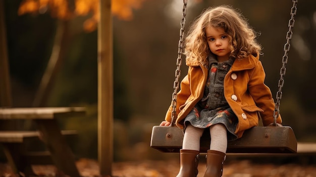 Evoca emoción niña sola en el columpio en el patio de recreo al aire libre