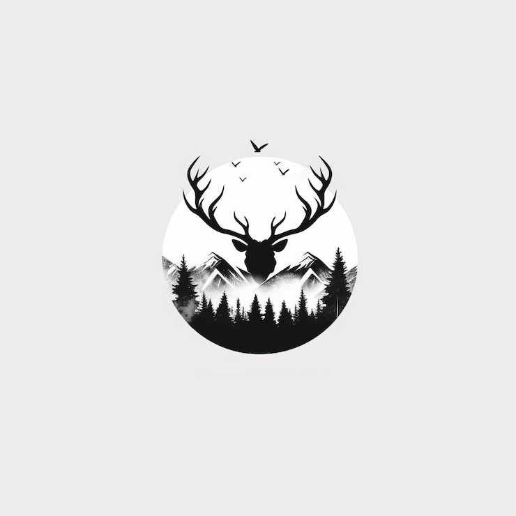 Foto evocative umweltporträts schwarzes logo bäume wald hirsche und bergansichten