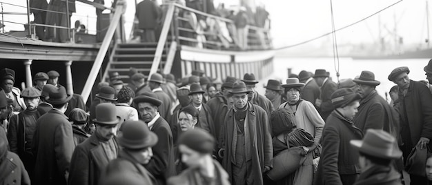 Evocatives historisches Foto, das die düstere Stimmung einer Menschenmenge während der Migration zu Beginn des 20. Jahrhunderts einfängt