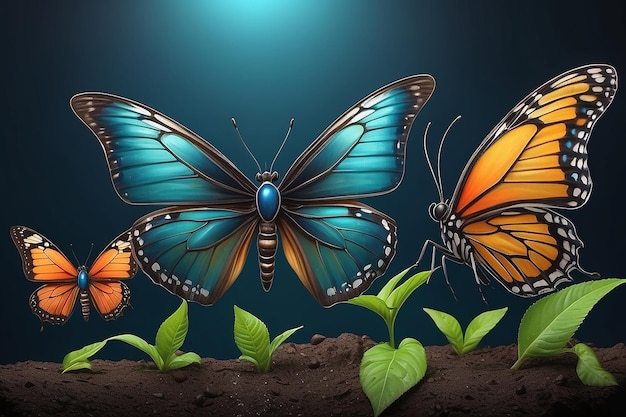 Evolución de una mariposa en un estilo futurista digital Transformación del ciclo de vida del insecto de oruga a mariposa