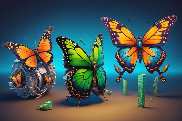 Evolution eines Schmetterlings im digitalen futuristischen Stil Transformation des Lebenszyklus eines Insekten von einer Raupe zu einem Schmetterling