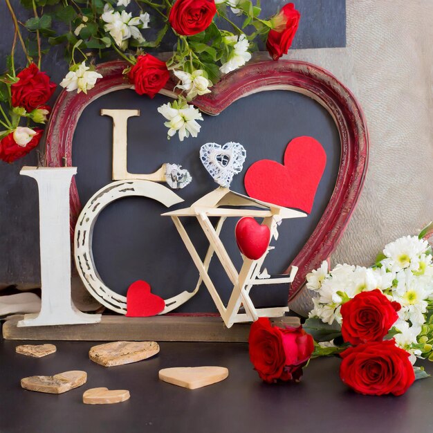 Ewige Liebe Exquisite Valentinstagseinrichtung mit roten Rosen und romantischer Beleuchtung