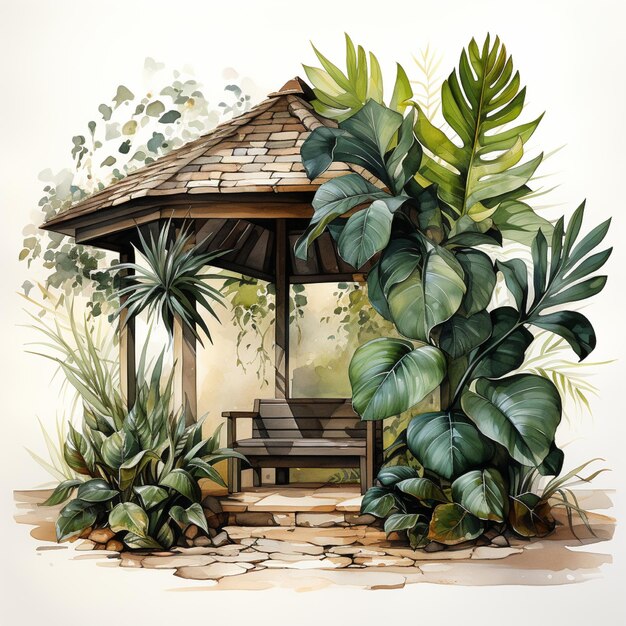 Ewish Sukkah mit Palmblättern und Papierdekorationen, Aquarellillustration für den Sukkot-Feiertag