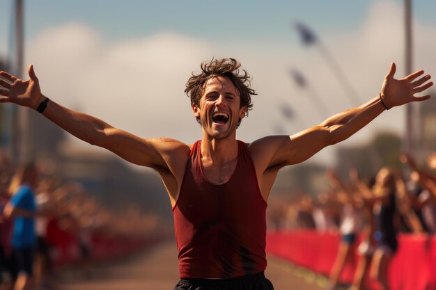 Foto exaltación por el éxito del atleta en la línea de meta