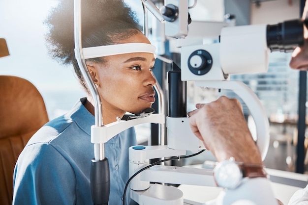 Exame oftalmológico ou médico consultor de mulher negra para visão em optometrista ou oftalmologista Face do cliente africano testando a visão com oculista ajudando ou testando a saúde visual da íris ou da retina