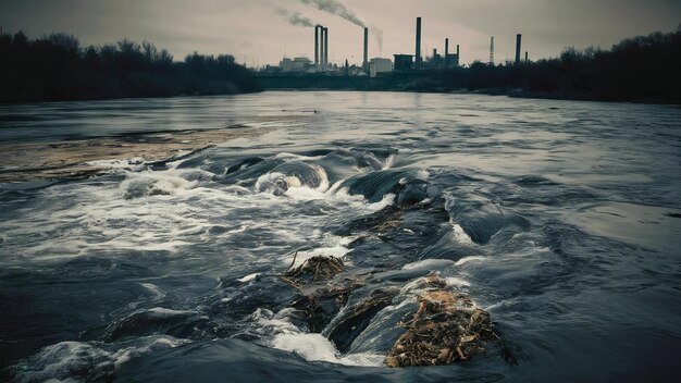 Foto examen del agua contaminada que desemboca en el río desde el sistema de alcantarillado