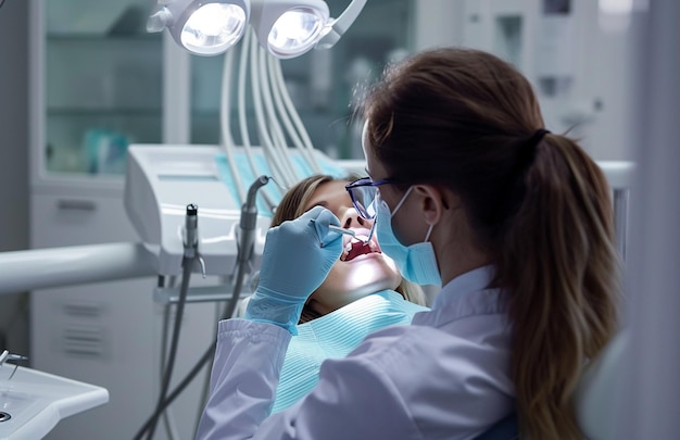 Examen dental gris oscuro y azul cielo estético con espejos curvos