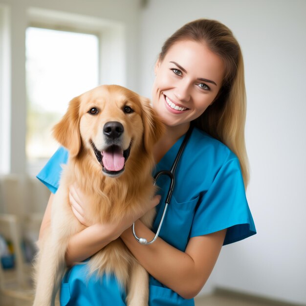 Examen de un golden retriever un veterinario sonriendo en el fondo de una clínica veterinaria