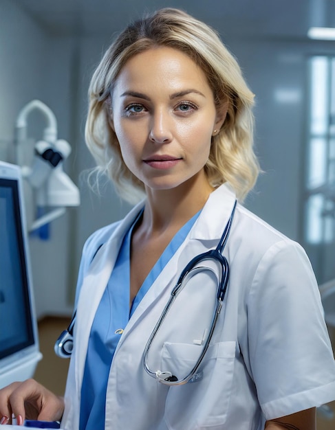 Foto examen médico serio dedicada joven doctora