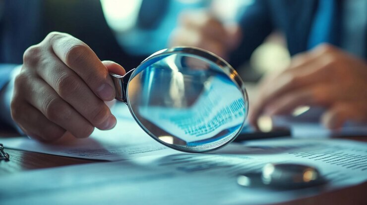Examen minucioso de documentos importantes con una lupa en un entorno de oficina