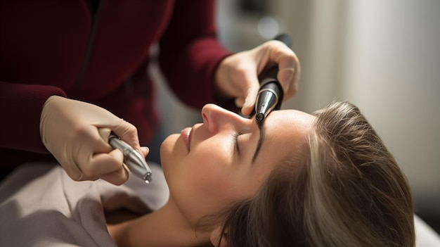 Foto un examen tricólogo de la condición del cabello del cuero cabelludo de los pacientes utilizando un dermatoscopio ai generado