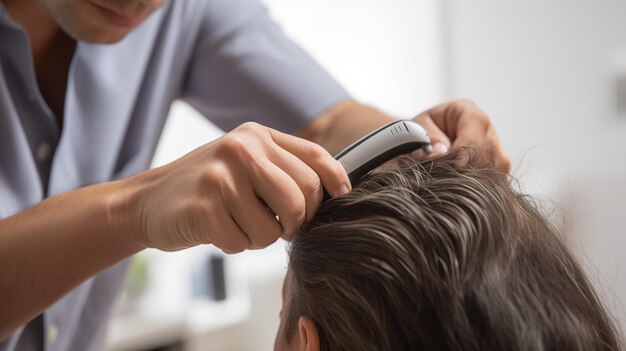 Foto examina cuidadosamente el cuero cabelludo y el cabello de los pacientes condición dermatoscopio ai generado