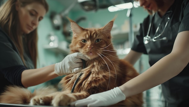 Examinando um gato na clínica veterinária