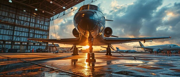 Examinando um jato de negócios em um hangar de avião estão membros da tripulação de terra do controle de tráfego aéreo xA