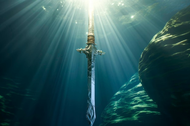 Excalibur, ein legendäres Unterwasserschwert, versenkt in einem kristallklaren See