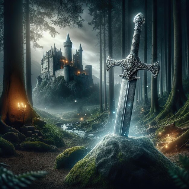 Excalibur La espada mítica en el castillo de piedra de Camelot en el fondo