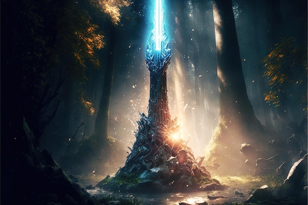 Excalibur-Schwert im Stein mit Lichtstrahlen in einem dunklen Wald Digitale Illustration AI