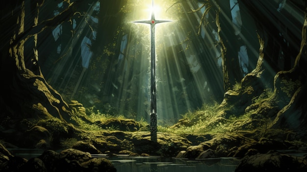 Excalibur-Schwert im Stein mit Lichtstrahlen in einem dunklen Wald. Generative KI