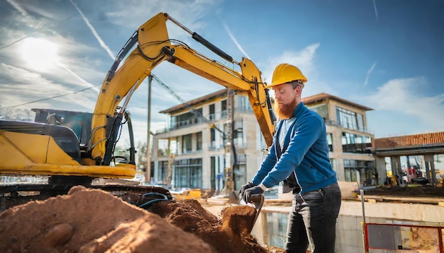 Excavación con excavadora y trabajo en una construcción