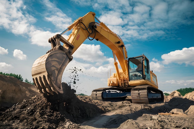 Excavadora en acción remodelando la tierra en el sitio de construcción