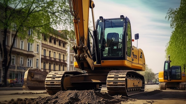 Una excavadora amarilla está en un sitio de construcción.