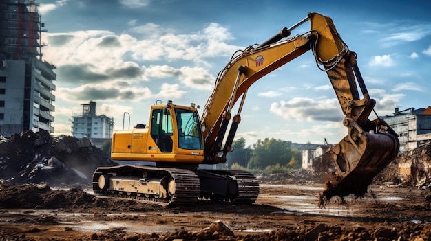 La excavadora amarilla o retroexcavadora está cavando tierra y trabajando en un sitio de construcción