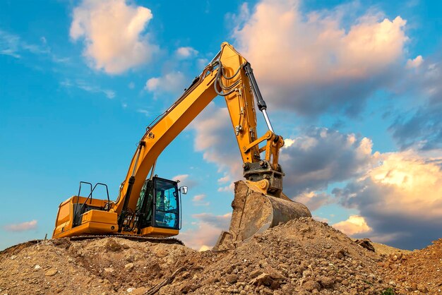 Una excavadora amarilla que se detiene en impresionantes nubes esponjosas