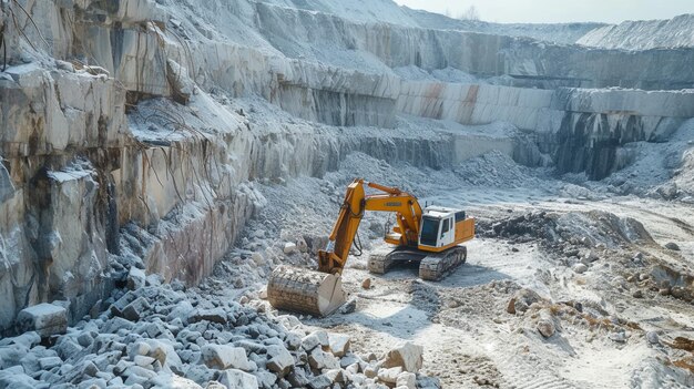 La excavadora carga el suelo en una cantera de piedra