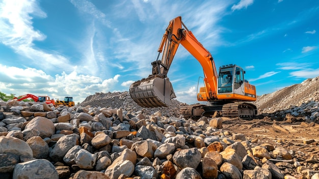 La excavadora carga el suelo en una cantera de piedra