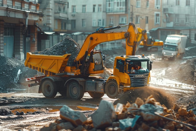 excavadora Cargador de camiones industriales excavador que mueve la tierra y descarga en un camión dumper